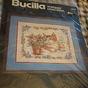 Bucilla Vintage a Unopened Floral Cat Cross-Stitch Kit Blue and Pink Accents